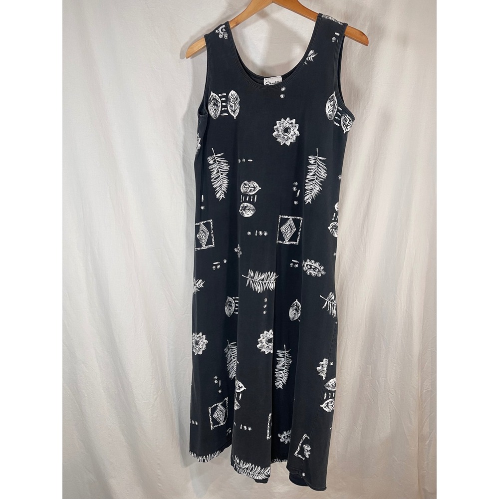 Vintage Chantilly USA Black White Fern Leaf Print Cotton Midi Shift Dress L